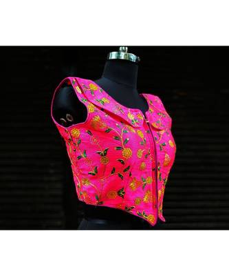 Raw Silk Base Pink Color Embroidered Work Sleeveless Traditional Blouse With Zip At The Front Side 2