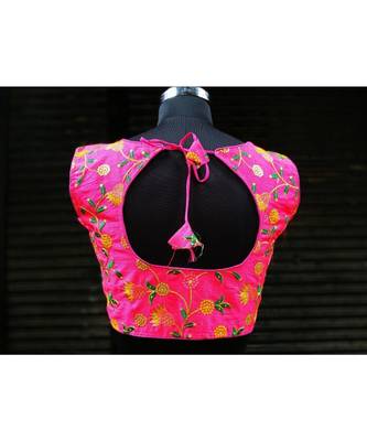 Raw Silk Base Pink Color Embroidered Work Sleeveless Traditional Blouse With Zip At The Front Side 3
