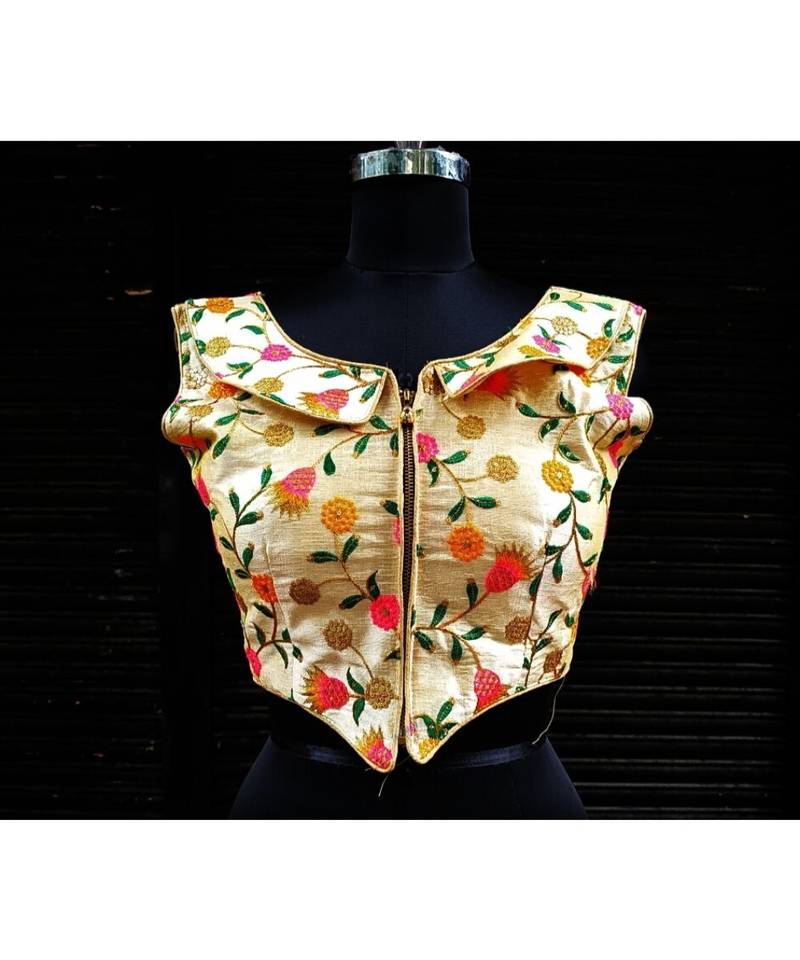 Raw Silk Base Cream Color Embroidered Work Sleeveless Traditional