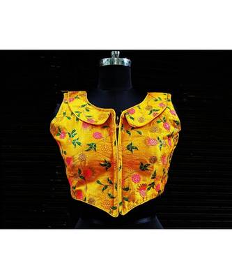 Raw Silk Base Yellow Color Embroidered Work Sleeveless Traditional Blouse With Zip At The Front Side 1