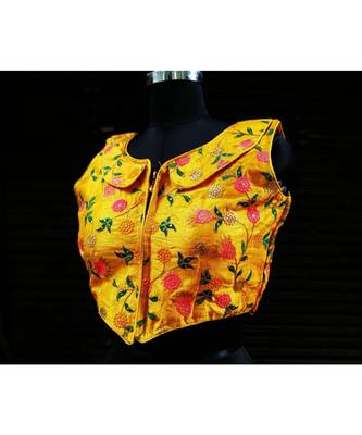 Raw Silk Base Yellow Color Embroidered Work Sleeveless Traditional Blouse With Zip At The Front Side 2