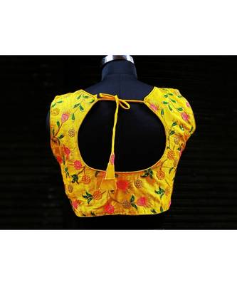 Raw Silk Base Yellow Color Embroidered Work Sleeveless Traditional Blouse With Zip At The Front Side 3
