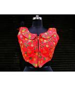 Raw Silk Base Red Color Embroidered Work Sleeveless Traditional Blouse With Zip At The Front Side