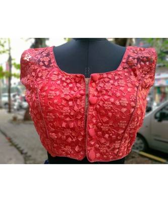 Peach Colored Mono Net Fabric With Embroidered Worked Ethnic Style Sleeveless Blouse 1