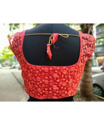 Peach Colored Mono Net Fabric With Embroidered Worked Ethnic Style Sleeveless Blouse 2