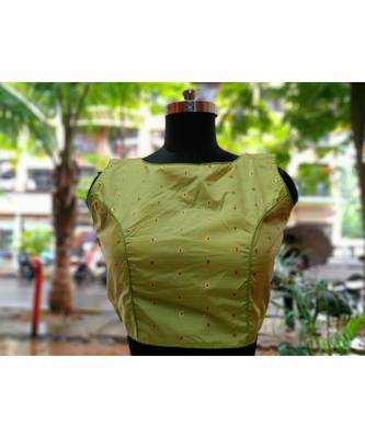 Light Green Colored Bamboo SIlk Zari Fabric With Golden Colored Worked Ethnic Style Sleeveless Blouse 1