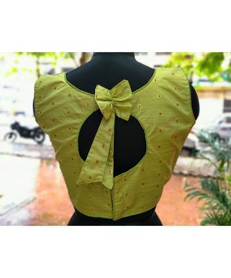 Light Green Colored Bamboo SIlk Zari Fabric With Golden Colored Worked Ethnic Style Sleeveless Blouse 2