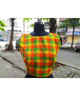 Green And Orange Checks Pattern Sleeveless Blouse With Attractive Fabric Latkans At Backside 1