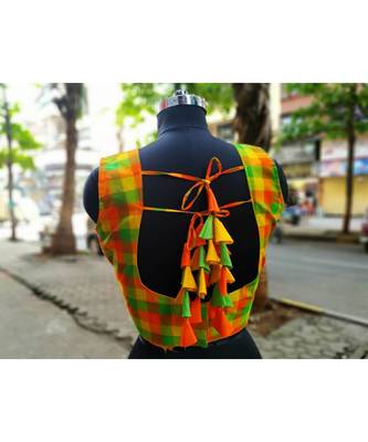 Green And Orange Checks Pattern Sleeveless Blouse With Attractive Fabric Latkans At Backside 2