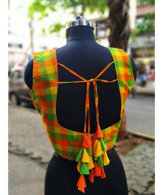 Green And Orange Checks Pattern Sleeveless Blouse With Attractive Fabric Latkans At Backside 3