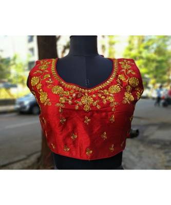 Maroon Coloured Raw Silk Base Golden Zari Worked Traditional Sleevless Blouse 1