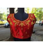 Maroon Coloured Raw Silk Base Golden Zari Worked Traditional Sleevless Blouse