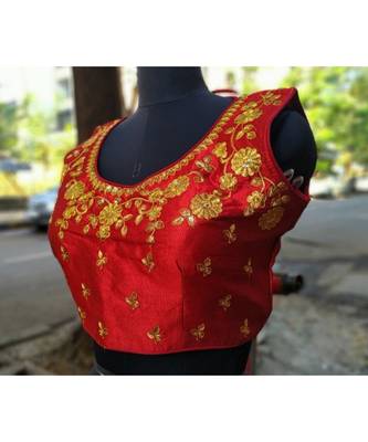 Maroon Coloured Raw Silk Base Golden Zari Worked Traditional Sleevless Blouse 2