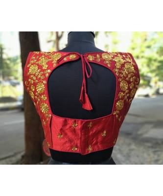 Maroon Coloured Raw Silk Base Golden Zari Worked Traditional Sleevless Blouse 3