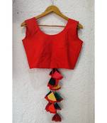 Red Colored Tapeta Silk Fabric Blouse With Hanging Fabric Latkans At Backside