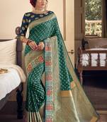 Teal Green silk belnd  Designer Saree Wirh Contrast Blouse