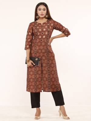 Brown printed art silk ethnic-kurtis 1