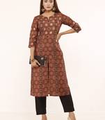 Brown printed art silk ethnic-kurtis