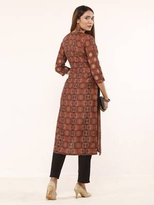 Brown printed art silk ethnic-kurtis 2