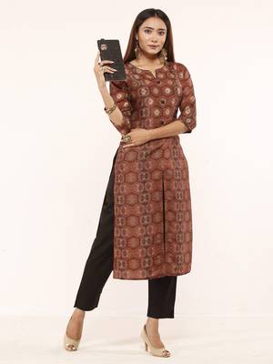 Brown printed art silk ethnic-kurtis 3