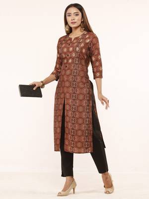 Brown printed art silk ethnic-kurtis 4