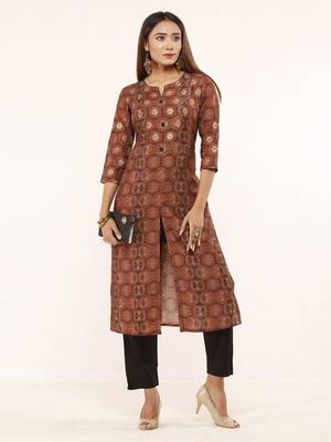Brown printed art silk ethnic-kurtis 5