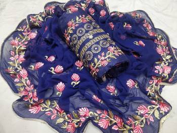 Blue colour  Embroidered Chanderi Unstitched Salwar With Dupatta 1