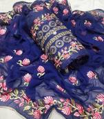 Blue colour  Embroidered Chanderi Unstitched Salwar With Dupatta
