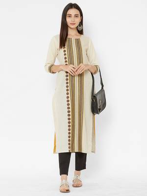 Beige printed cotton ethnic-kurtis 4