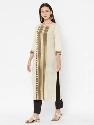 Beige printed cotton ethnic-kurtis 5