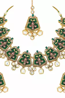 Gold Plated Kundan Meenakari Bridal Necklace Set with Earrings & Maang Tikka for Women 