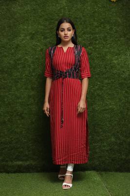 Girls Red Long Kurti With Blue Jacket 1