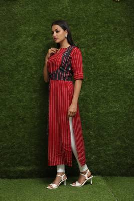 Girls Red Long Kurti With Blue Jacket 3