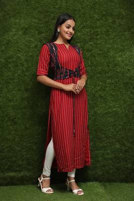 Girls Red Long Kurti With Blue Jacket 4