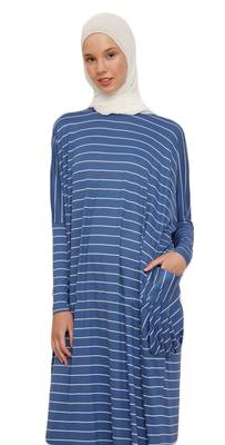 JSDC Women Modest Wear Long Gown Style Strips Pattern Jersey Kaftan 2