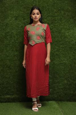 Women Red Kurti With Green Jacket 2