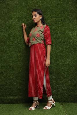 Women Red Kurti With Green Jacket 4