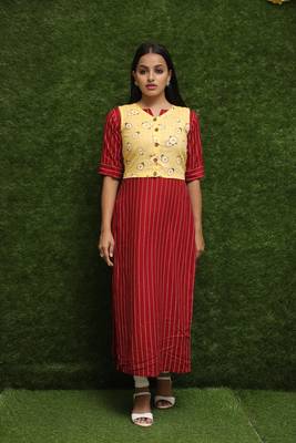 Women Red Kurti With Yellow Jacket  1