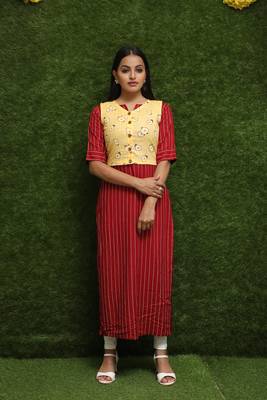 Women Red Kurti With Yellow Jacket  2