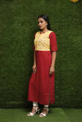 Women Red Kurti With Yellow Jacket  3