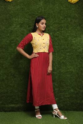 Women Red Kurti With Yellow Jacket  4