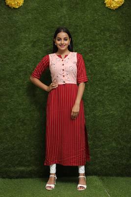 Women Red Kurti With Rose Jacket  1