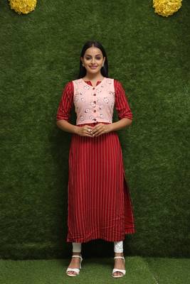 Women Red Kurti With Rose Jacket  2