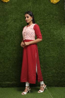Women Red Kurti With Rose Jacket  3