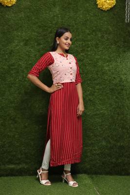 Women Red Kurti With Rose Jacket  4