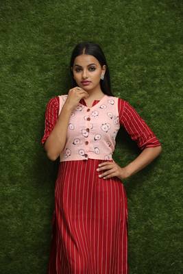 Women Red Kurti With Rose Jacket  5