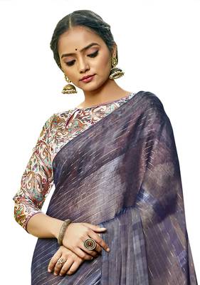 Blue printed chiffon saree with blouse 2