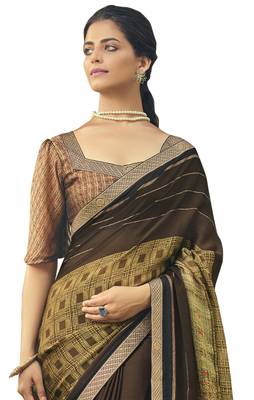 Brown printed chiffon saree with blouse 2
