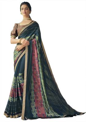 Teal printed chiffon saree with blouse 1