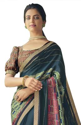 Teal printed chiffon saree with blouse 2